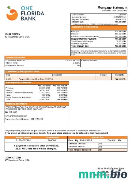 USA One Florida Bank wyciąg z kredytu hipotecznego w formatach Word i PDF